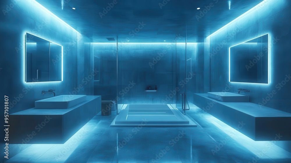 sleek bathroom illuminated by avantgarde lighting fixtures minimalist design with clean lines reflective surfaces and striking geometric shapes cool tones create a modern spalike ambiance sleek bathroom illuminated by avantgarde lighting fixtures minimalist design with clean lines reflective surfaces and striking geometric shapes cool tones create a modern spalike ambiance