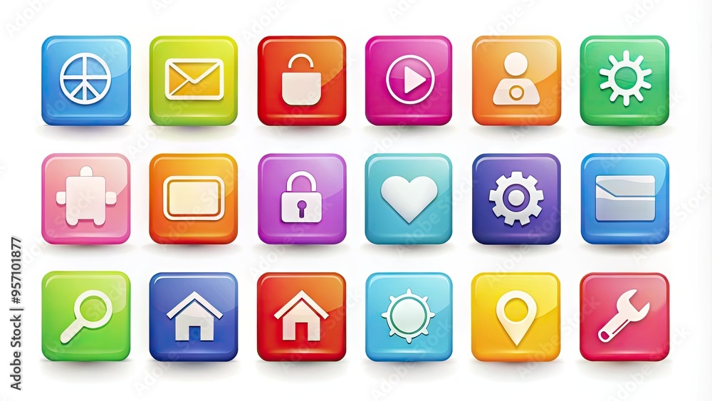 Suite of colorful, modern, and sleek interface icons including settings, search, and messaging symbols on a clean white background, ready for digital design integration. Suite of colorful, modern, and sleek interface icons including settings, search, and messaging symbols on a clean white background, ready for digital design integration.