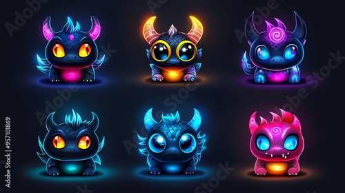 Colorful and cute monster characters with glowing features, perfect for fantasy-themed projects and children's designs.