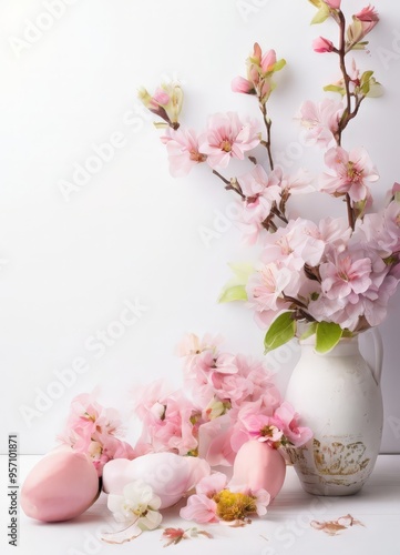 vase with pink flowers and eggs on white background