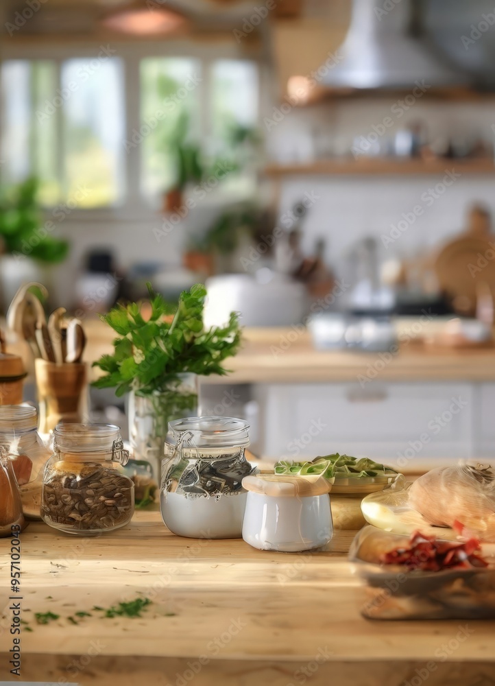 wooden table topped with bunch herbs wooden table topped with bunch herbs