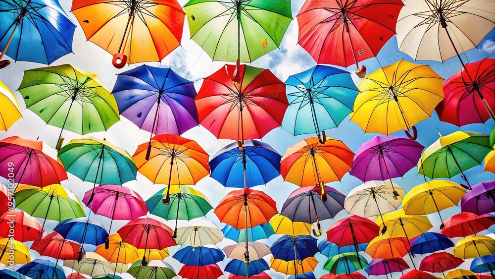 Naklejka premium Brilliantly hued umbrellas unfurl and float in mid-air, their vibrant colors popping against the crisp white backdrop like tiny, portable works of art.