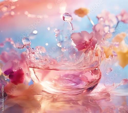 pink flower splashing into glass bowl