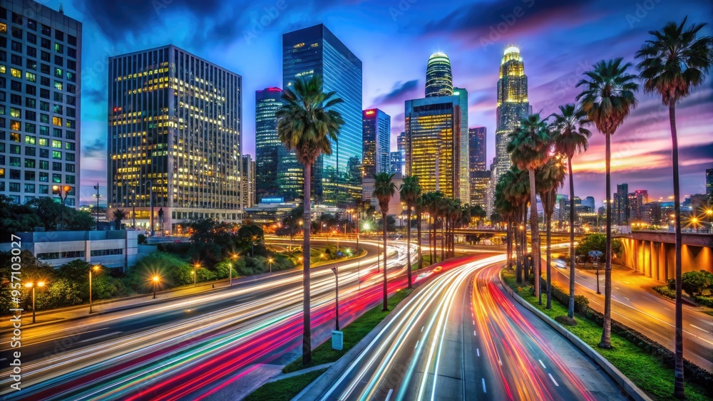 Fototapeta premium Vibrant neon lights illuminate a bustling urban street, lined with towering skyscrapers and palm trees, as a busy freeway glows in the dark LA night.