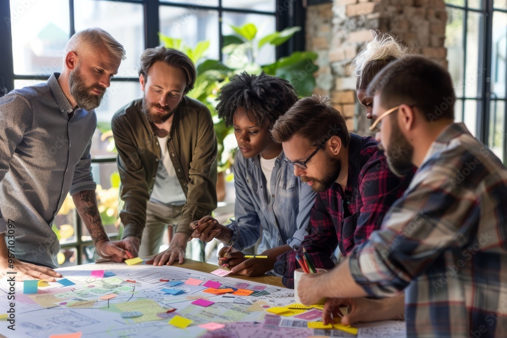 Fototapeta premium A team collaborates intensely over a project, crowded around a table covered in colorful sticky notes, paper sketches, and markers in a bright, modern workspace.