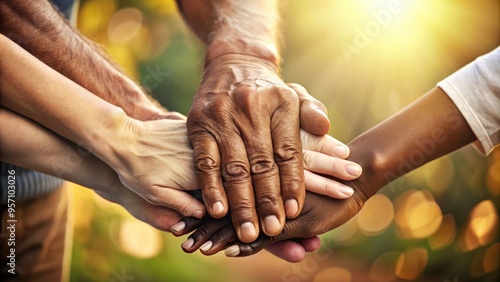 Three hands of varying ages and skin tones intertwined, symbolizing unity, diversity, and harmony, against a warm and blurred background with subtle shadows.