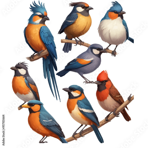 A collection of birds including one with a blue and green on the bottom