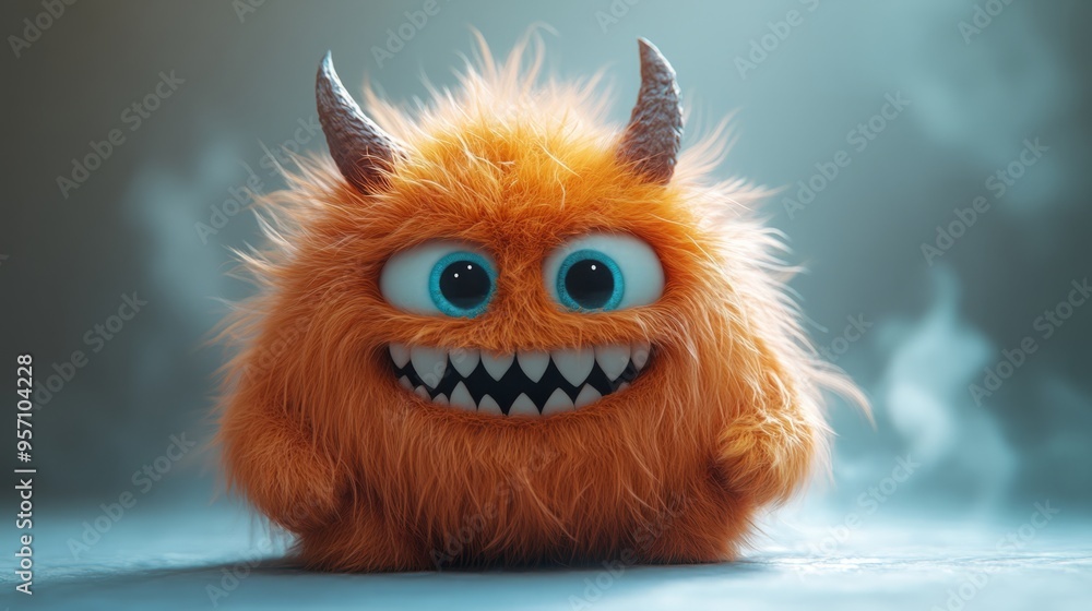 Scary Furry 3D Beast Cartoon Character Posing Isolated on Blue Background: Fluffy Plush Toy Man in a Halloween Hairy Monster Costume Scary Furry 3D Beast Cartoon Character Posing Isolated on Blue Background: Fluffy Plush Toy Man in a Halloween Hairy Monster Costume