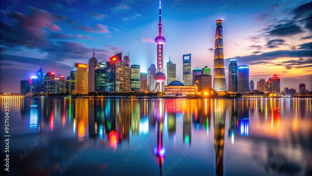 Fototapeta premium Vibrant night skyline of Shanghai's futuristic financial district, featuring iconic Oriental Pearl Tower and majestic skyscrapers shimmering with colorful lights and reflections.