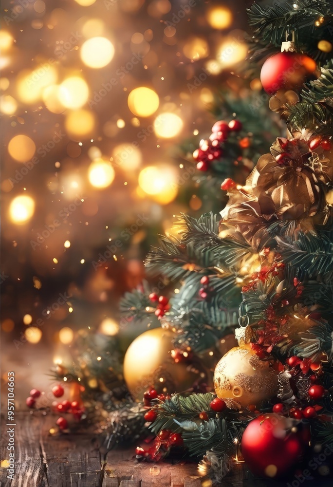 christmas tree with golden bakgrounds and red balls on wooden background photo christmas tree with golden bakgrounds and red balls on wooden background photo