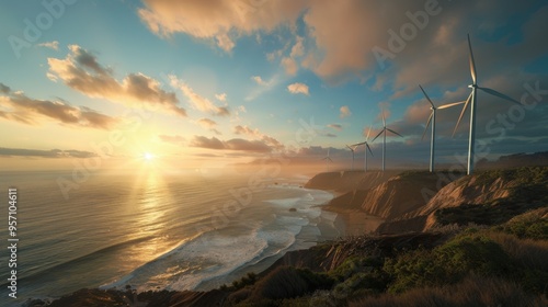 Scenic coastal view at sunset with wind turbines standing along the shoreline, harnessing wind energy while waves crash against the cliffs. photo