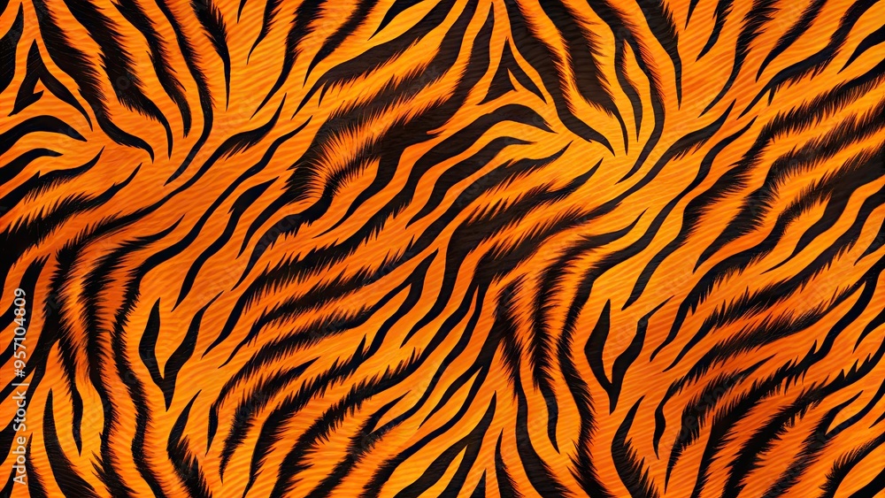 Vibrant orange and black tiger stripes form a seamless repeating pattern, ideal for textiles, wallpapers, and design projects requiring a bold, dynamic visual element. Vibrant orange and black tiger stripes form a seamless repeating pattern, ideal for textiles, wallpapers, and design projects requiring a bold, dynamic visual element.