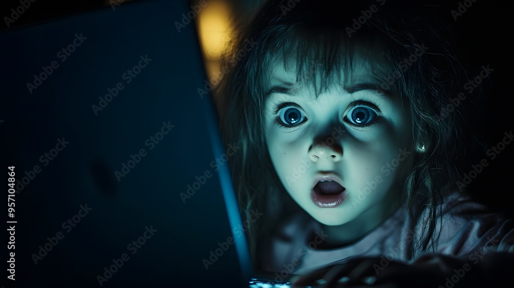 A little girl is sitting in front of the laptop, her eyes wide open, and she looks shocked at what's on it A little girl is sitting in front of the laptop, her eyes wide open, and she looks shocked at what's on it