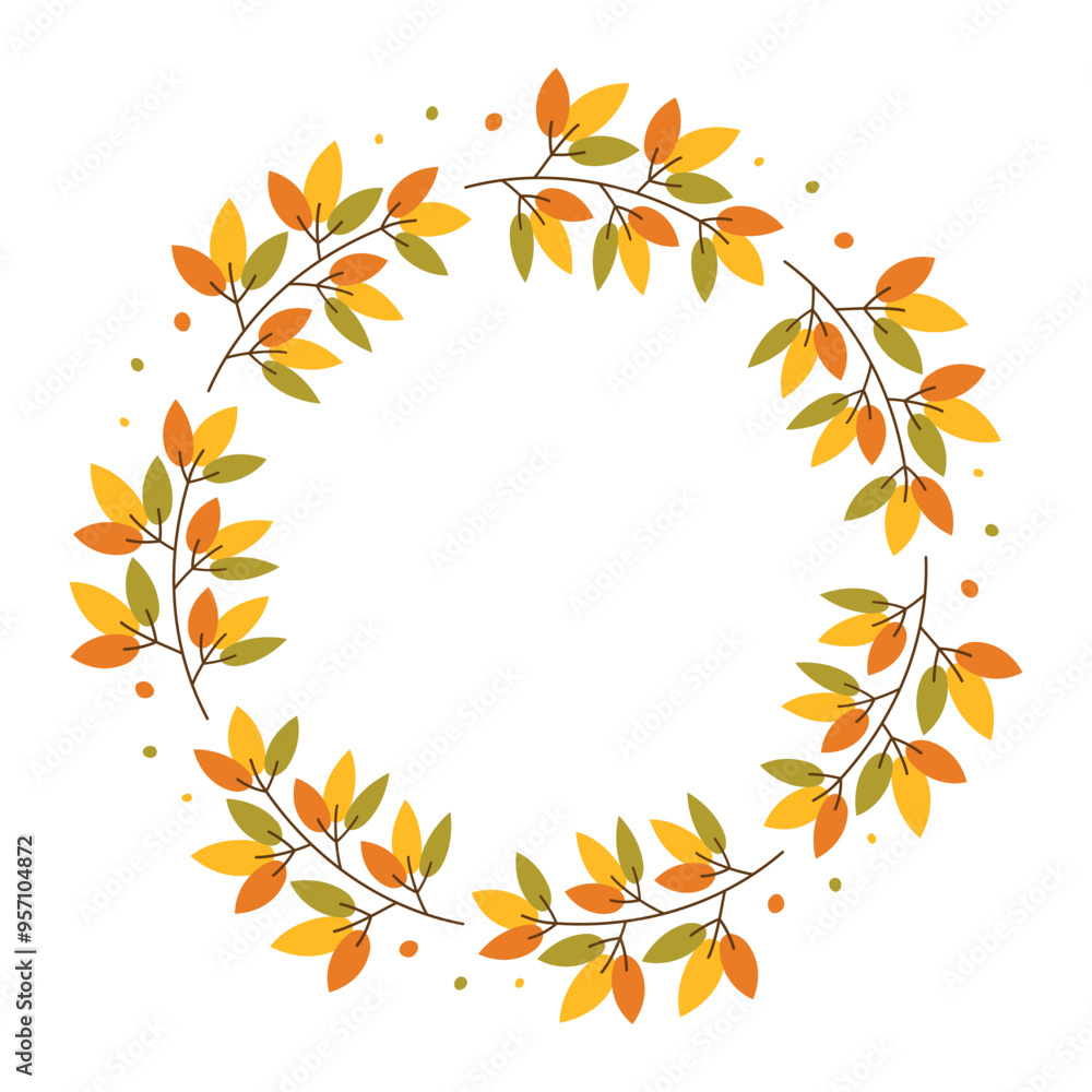 Autumn leaves wreath. Fall bright round Frame with hand drawn branches. Botanical elements make empty circle text border. Autumn leaves wreath. Fall bright round Frame with hand drawn branches. Botanical elements make empty circle text border.