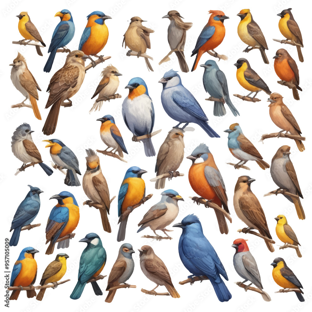 A collection of birds including one with a blue and green on the bottom A collection of birds including one with a blue and green on the bottom