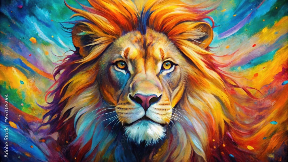 Vibrant acrylic painting of a majestic lion's head on a colorful abstract background, with thick brushstrokes and textured details, evoking a sense of wild energy. Vibrant acrylic painting of a majestic lion's head on a colorful abstract background, with thick brushstrokes and textured details, evoking a sense of wild energy.