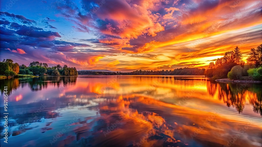 Vibrant orange and pink hues illuminate the serene sky above a tranquil lake's still waters, reflecting the majestic beauty of a peaceful sunset. Vibrant orange and pink hues illuminate the serene sky above a tranquil lake's still waters, reflecting the majestic beauty of a peaceful sunset.