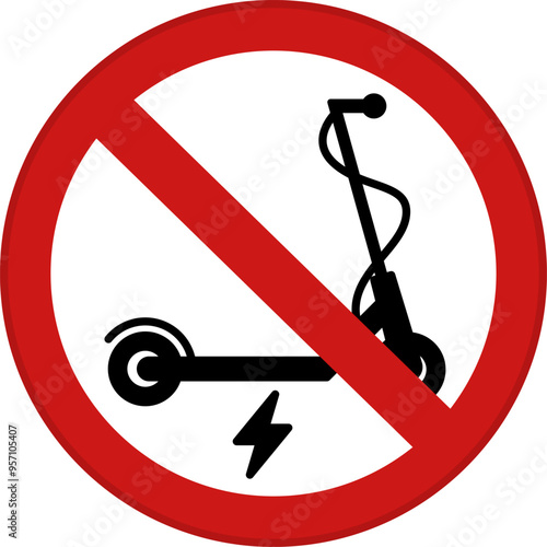 Red Electric Scooter Forbidden Sign. Round Prohibitory Road Sign. Vector Icons