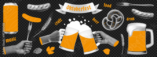 Set of halftone elements for Oktoberfest. Cutout halftone collage elements for Oktoberfest decoration. Vector beer glasses, sausages, fork, hop, beer can, pretzel, wheat. Beer festival elements.