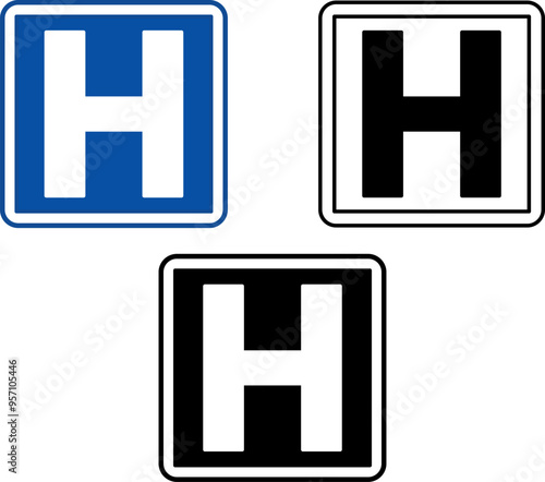 Signs Hospital. Blue Square Road Signs. Shows Driver Where the Hospital Is. Black and White Vector Icons