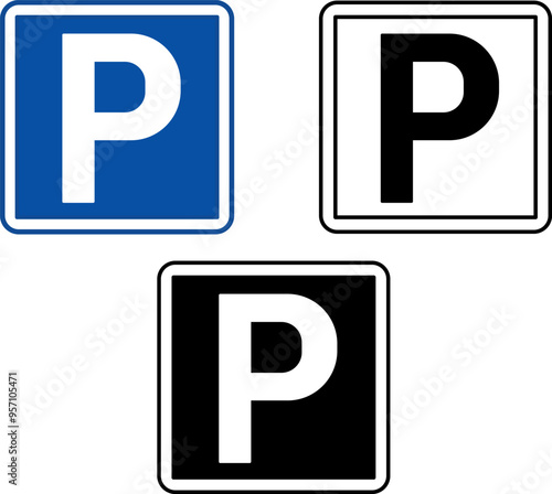 Signs Parking. Blue Square Road Signs. Shows Driver Where to Park Car. Black and White Vector Icons