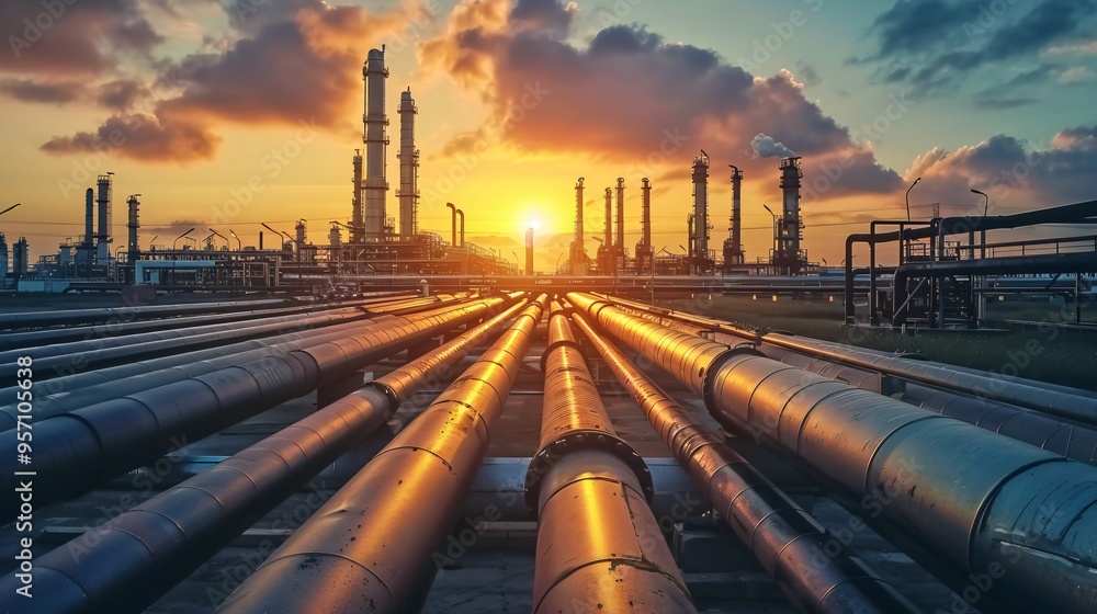 Industrial Sunset Oil Refinery Pipes and Towers Industrial Sunset Oil Refinery Pipes and Towers