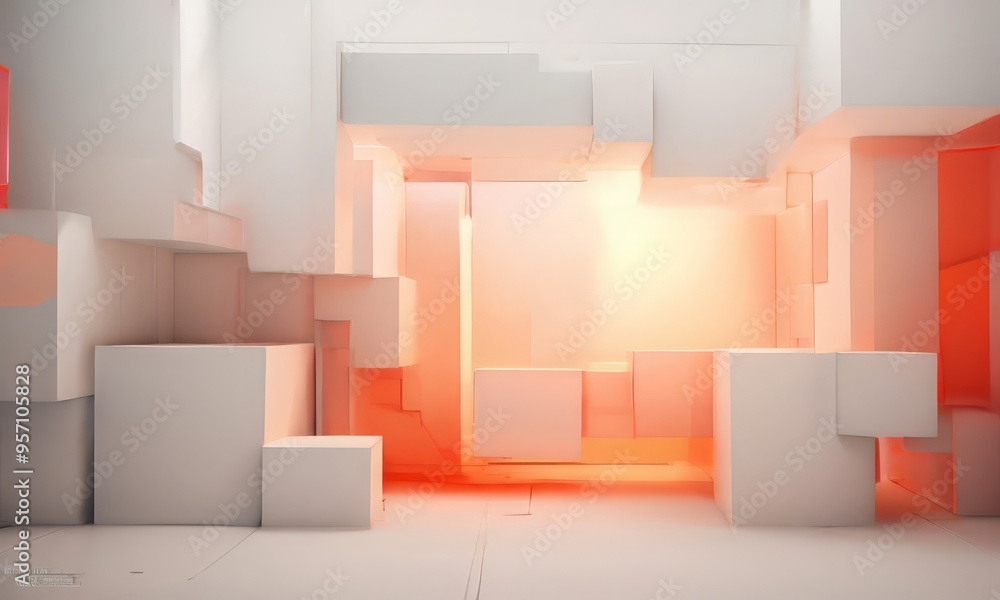 room with many white boxes and orange lights room with many white boxes and orange lights