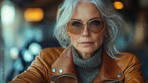 spirited elderly woman confidently riding customized motorbike silver hair streaming in wind showcasing adventurous spirit and defying age stereotypes photo