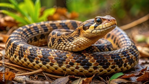 Eastern hognose snake with striking white and yellow markings on its face and coiled body rests motionless on forest floor.