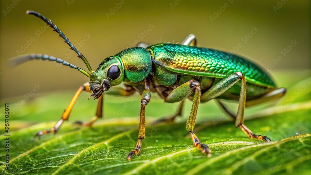 Emerald-green insect's long antennae twitch as its six legs move swiftly, delicate features captured in stunning detail. Emerald-green insect's long antennae twitch as its six legs move swiftly, delicate features captured in stunning detail.
