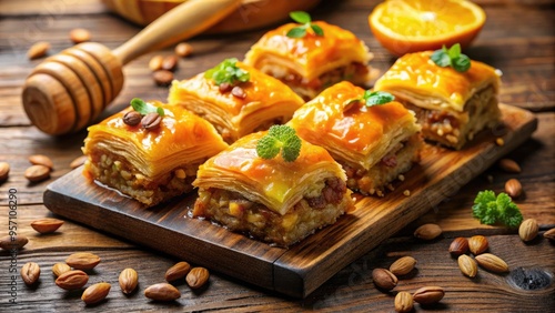 Vibrant orange and yellow hues of a classic Mediterranean dessert, baklava, with layers of flaky phyllo, nuts, and honey, on a rustic wooden table. photo