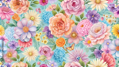 Vibrant blooming flowers in pastel hues on a seamless repeating background, creating a stunning and elegant texture perfect for wallpapers, fabrics, and design applications.
