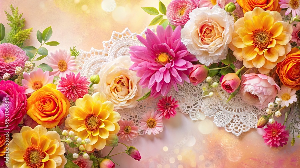 Vibrant blooming flowers in shades of pink, yellow, and orange spill over a delicate lace border, filling the frame with soft, romantic, whimsical beauty. Vibrant blooming flowers in shades of pink, yellow, and orange spill over a delicate lace border, filling the frame with soft, romantic, whimsical beauty.
