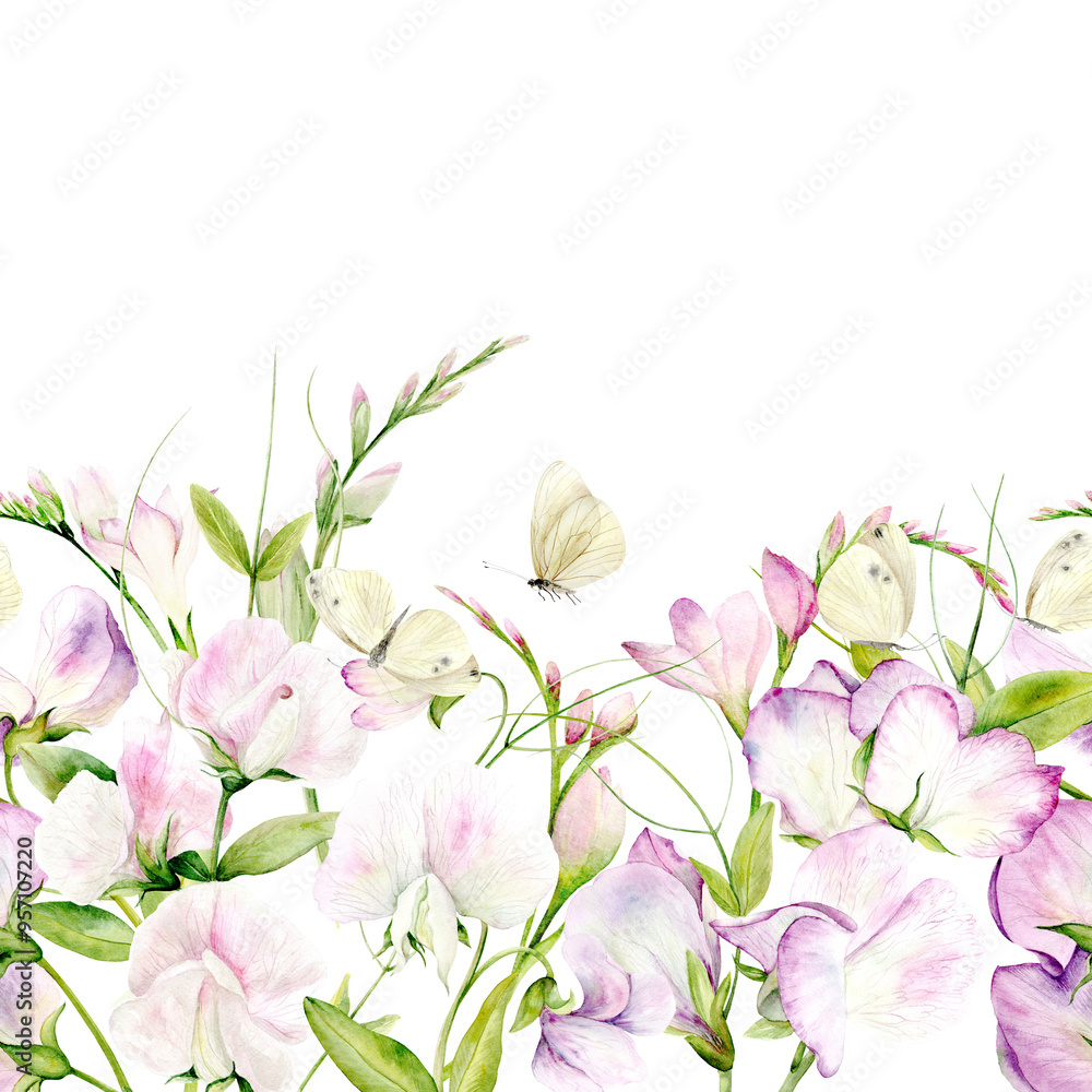 Fototapeta premium Seamless border of watercolor flowers of fragrant peas and butterflies. The illustration is hand drawn in pastel colors. Suitable for card designs, textiles and scrapbooking.