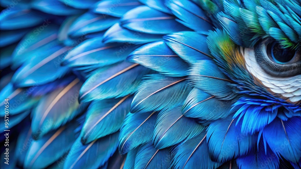 Obraz premium Vibrant blue and white feathers fill the frame in a stunning close-up of a bird's eye, showcasing intricate details and textures in sharp focus.