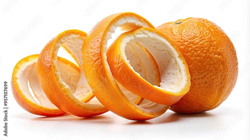 Vibrant orange peel curls back, revealing juicy segments of freshly ...