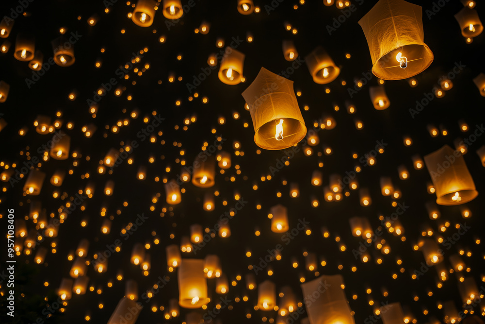 Obraz premium Sky Lantern Festival with Thousands of Glowing Lanterns Floating at Night
