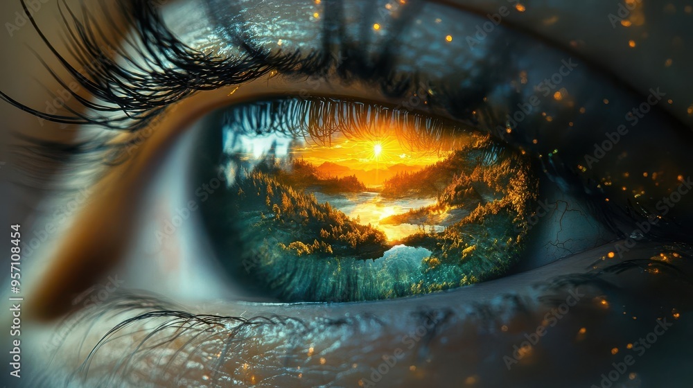 surreal landscape within human eye iris transformed into rolling hills and forests pupil as setting sun eyelashes framing dreamlike scene with floating islands surreal landscape within human eye iris transformed into rolling hills and forests pupil as setting sun eyelashes framing dreamlike scene with floating islands
