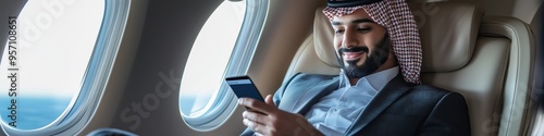 arabian businessman using mobile phone shopping online while flying in private jet photo