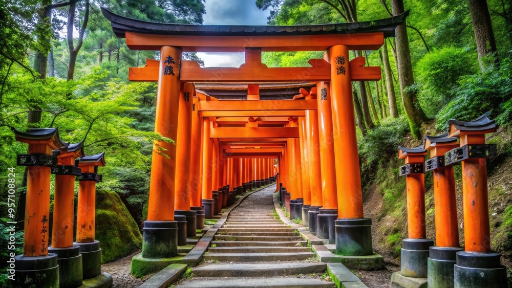 Vibrant orange torii gates form a tunnel along a serene mountain trail, surrounded by lush green forest, at a famous Japanese shrine in Kyoto. Vibrant orange torii gates form a tunnel along a serene mountain trail, surrounded by lush green forest, at a famous Japanese shrine in Kyoto.