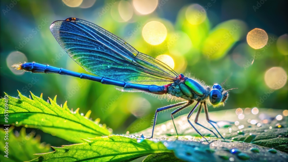 Vibrant close-up of a brilliant blue dragonfly perches on dewy leaf amidst lush green foliage in warm sunlight. Vibrant close-up of a brilliant blue dragonfly perches on dewy leaf amidst lush green foliage in warm sunlight.