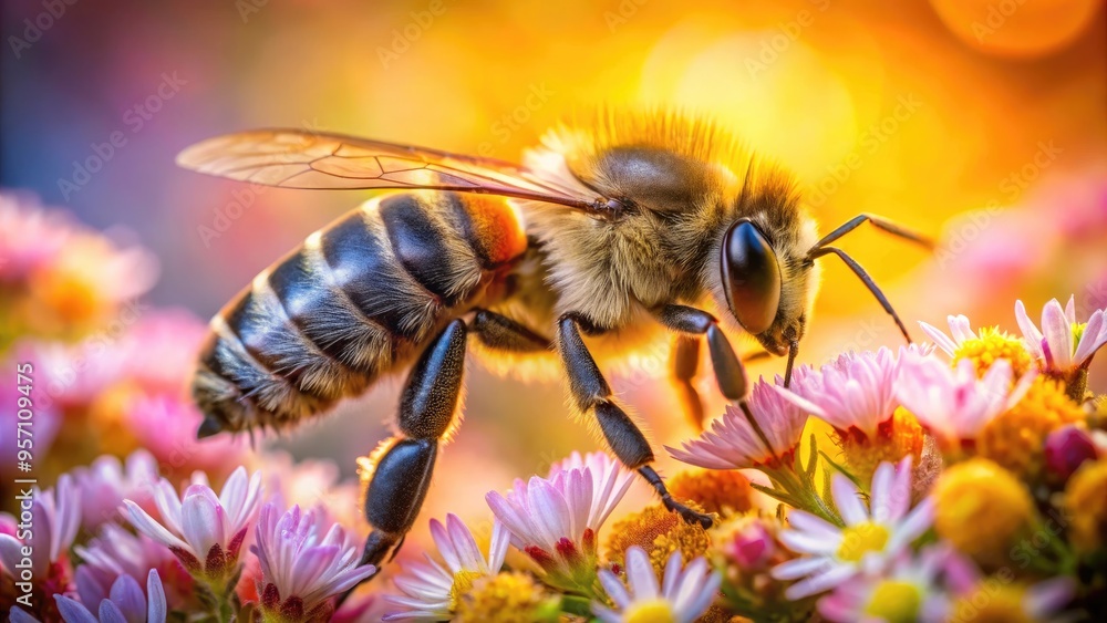 Vibrant close-up of a busy bee's furry body, striped legs, and delicate wings, surrounded by soft focus blurred flowers and warm natural light. Vibrant close-up of a busy bee's furry body, striped legs, and delicate wings, surrounded by soft focus blurred flowers and warm natural light.