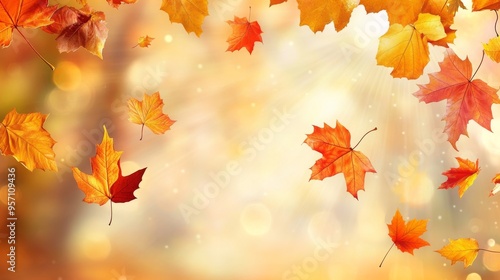 Flying autumn leaves in golden hour with autumn forest background stock image