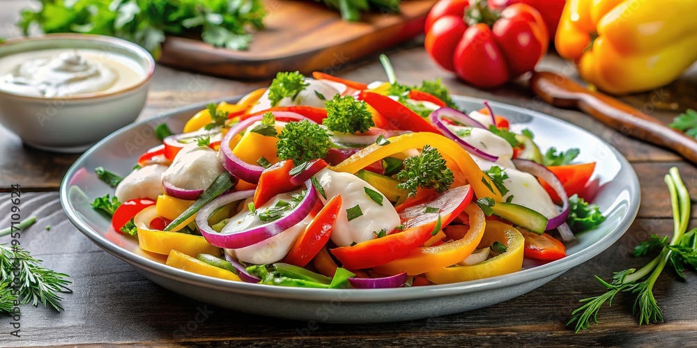Fresh vegetables, bell peppers, and onions are pickled to perfection, paired with fragrant herbs and a tangy creamy mayonnaise dressing for a crunchy, refreshing treat. Fresh vegetables, bell peppers, and onions are pickled to perfection, paired with fragrant herbs and a tangy creamy mayonnaise dressing for a crunchy, refreshing treat.