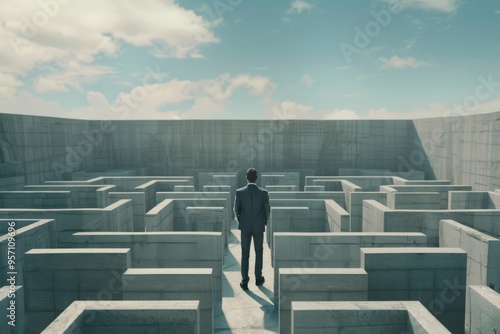 A man stands at the center of an open-air concrete maze, staring at a distant, foreboding wall under a cloudy sky. photo