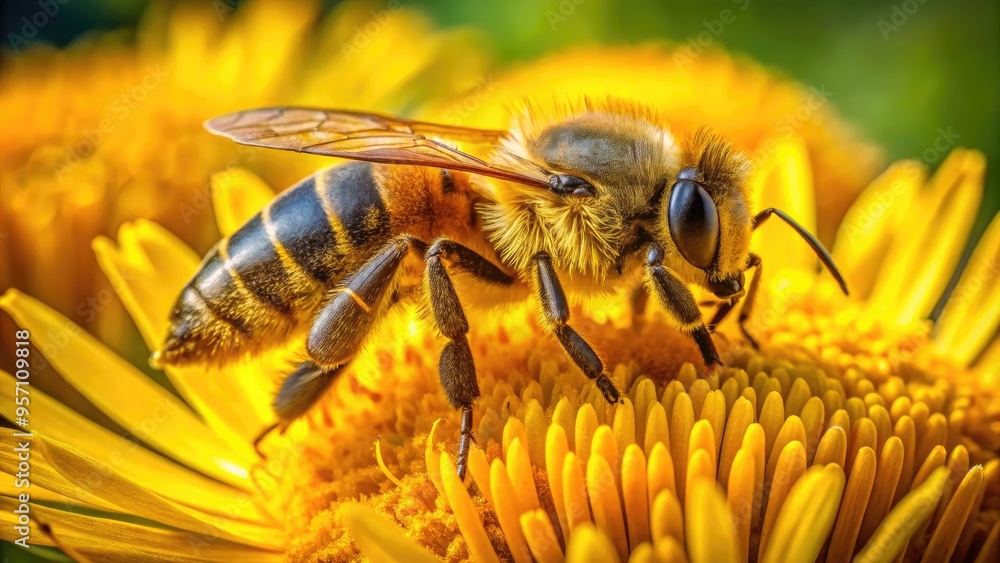 Vibrant close-up of a honeybee's fuzzy body, intricate wings, and busy legs as it collects nectar from a delicate, sun-kissed yellow flower. Vibrant close-up of a honeybee's fuzzy body, intricate wings, and busy legs as it collects nectar from a delicate, sun-kissed yellow flower.