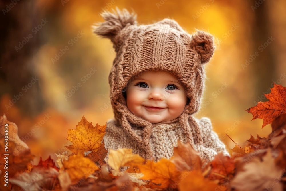 Baby smiling happily in autumn leaves (Stock) Baby smiling happily in autumn leaves (Stock)