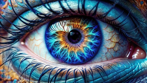 Vibrant close-up of a human eye's iris, showcasing intricate patterns and shades of blue, with tiny eyelashes and delicate details sharply in focus.