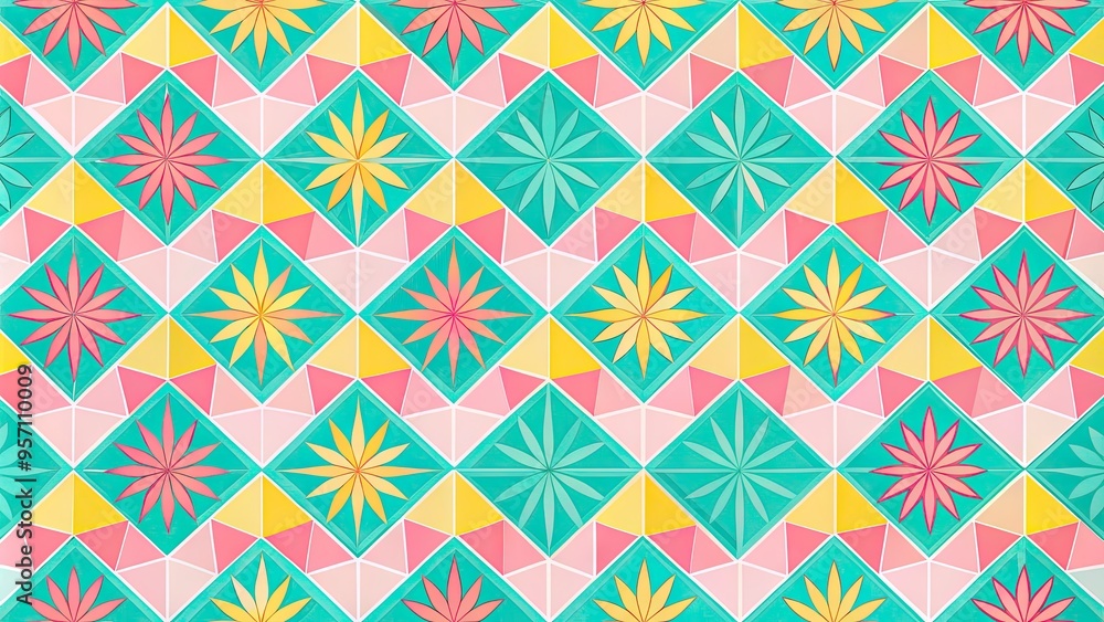 Vibrant pastel hues of pink, turquoise, and yellow create a whimsical geometric pattern, evoking the sun-kissed essence of Florida's coastal charm and tropical spirit. Vibrant pastel hues of pink, turquoise, and yellow create a whimsical geometric pattern, evoking the sun-kissed essence of Florida's coastal charm and tropical spirit.