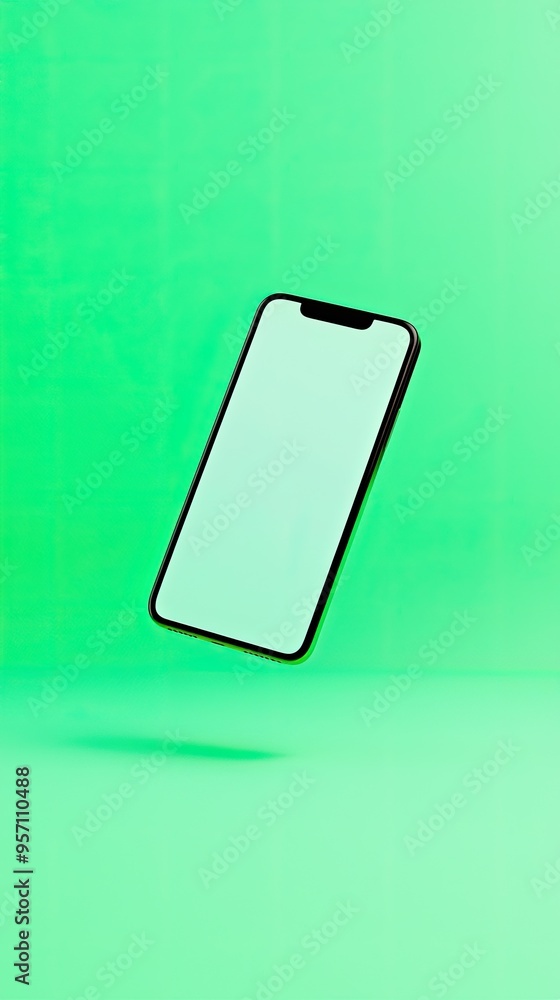 Floating smartphone on vibrant green background, showcasing modern technology and design aesthetics for digital content. Floating smartphone on vibrant green background, showcasing modern technology and design aesthetics for digital content.